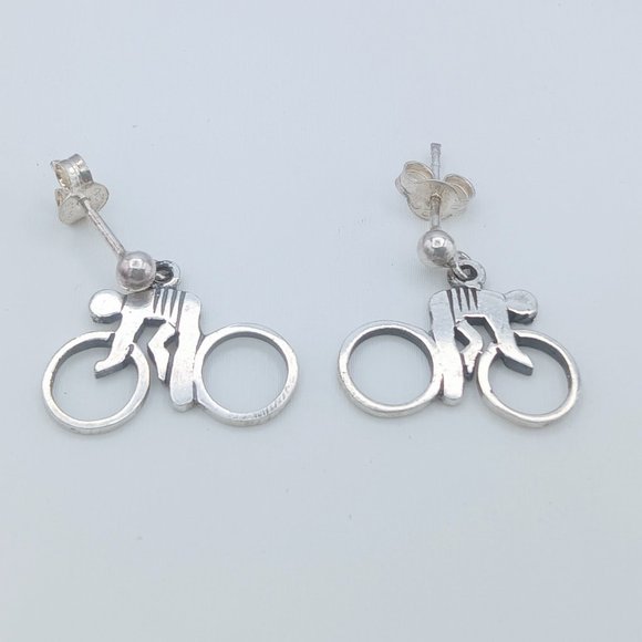 Vintage Sterling Silver Bicycle Bike Rider Dangle Post Earrings - SIGNED! - Picture 7 of 10